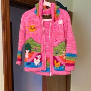 Kids Pink Knit Hoodie with Animal Design